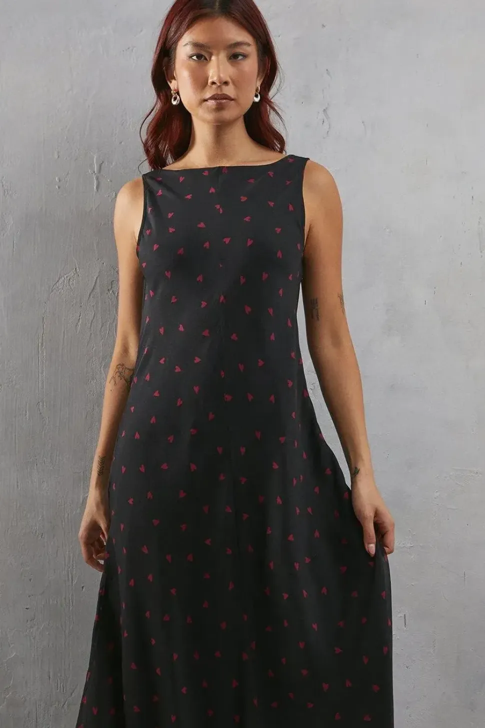 Heart Print Chiffon Slash Neck Bias Sleeveless Midi Dress