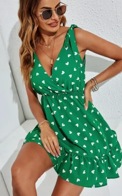 Heart Print Strappy Bardot Mini Dress In Green