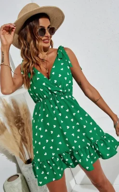 Heart Print Strappy Bardot Mini Dress In Green