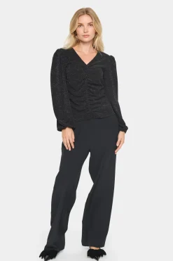 HelaSZ V-neck Ruchings Glitter Blouse-