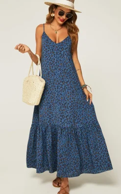 Hem Detail Slip Dress In Navy Leopard Print