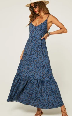 Hem Detail Slip Dress In Navy Leopard Print