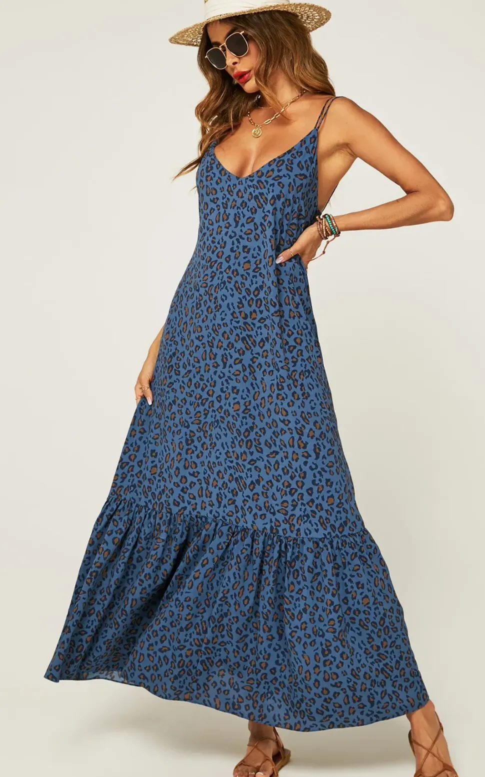 Hem Detail Slip Dress In Navy Leopard Print