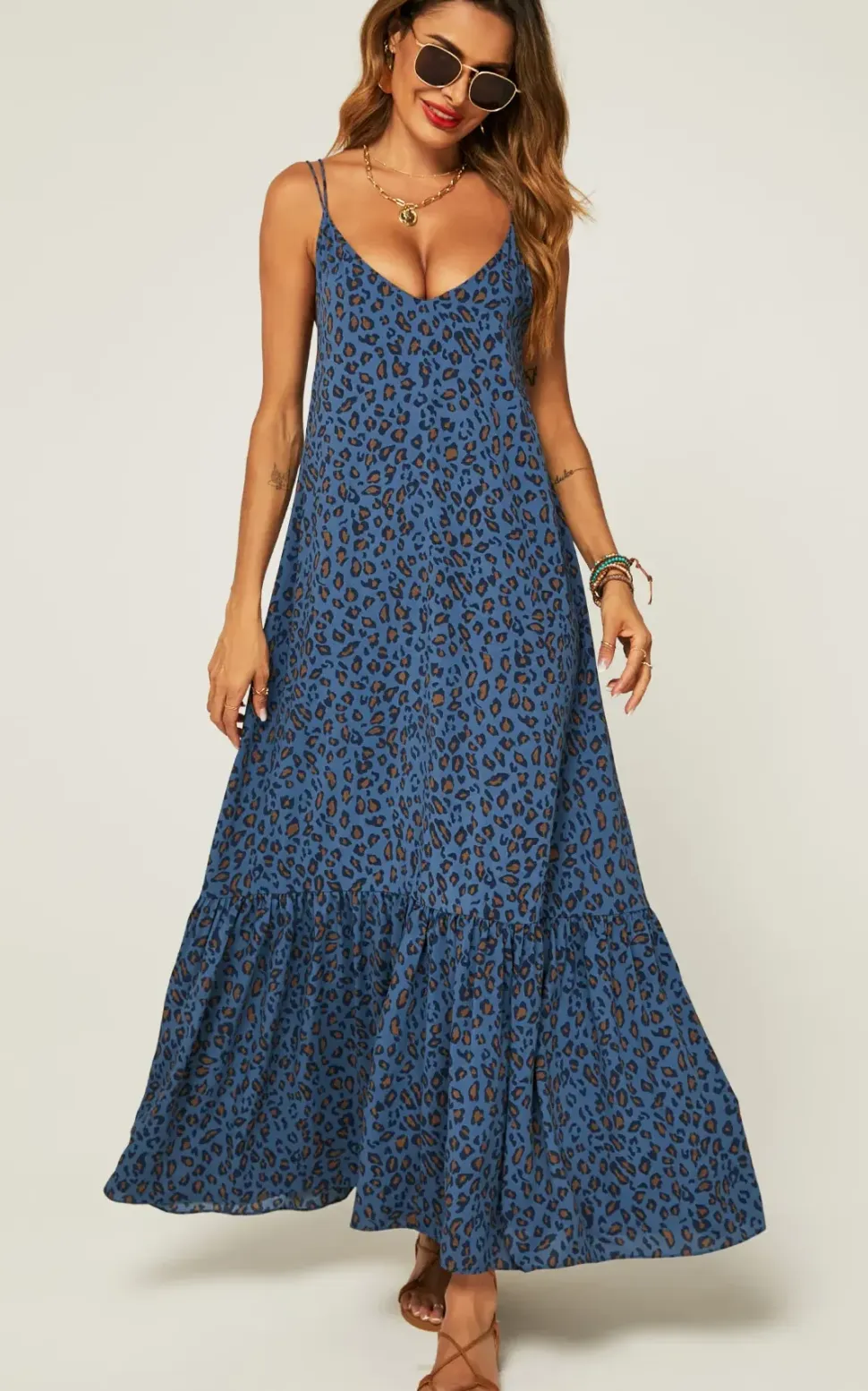 Hem Detail Slip Dress In Navy Leopard Print