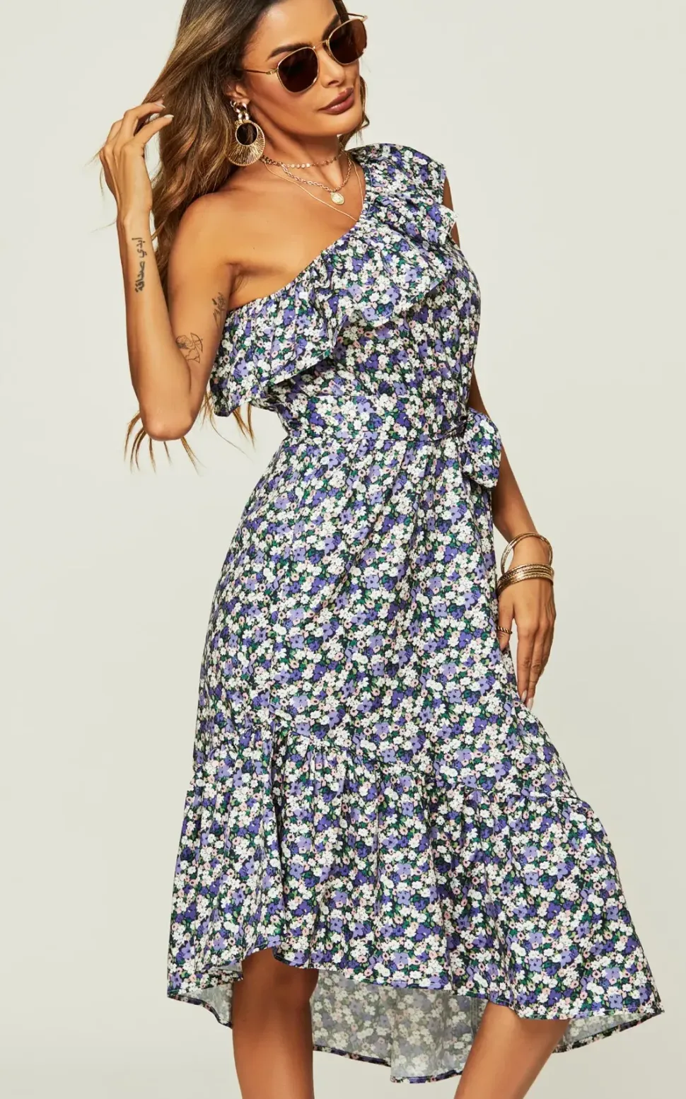 Hem Ruffle One Shoulder High Low Midi Dress In Purple Flora Print