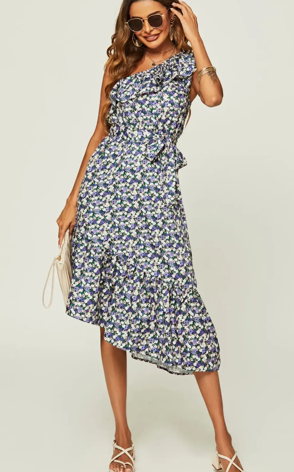 Hem Ruffle One Shoulder High Low Midi Dress In Purple Flora Print