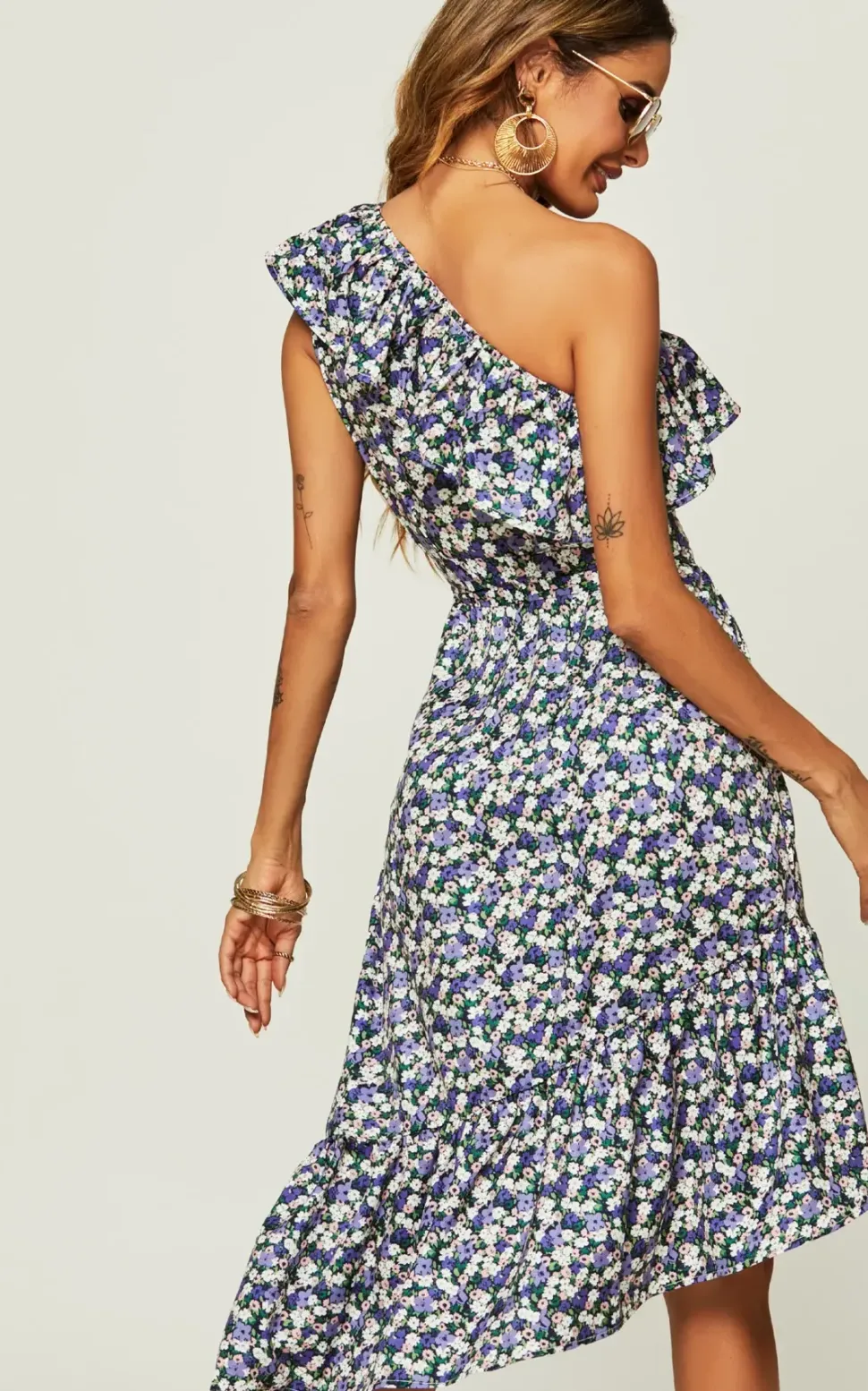 Hem Ruffle One Shoulder High Low Midi Dress In Purple Flora Print