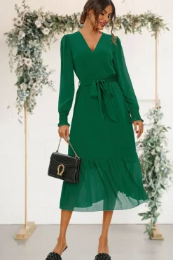 Hem Tiered Wrap Style Midi Dress In Green