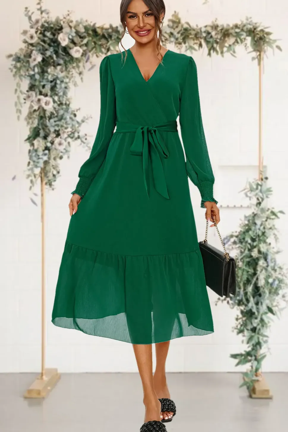 Hem Tiered Wrap Style Midi Dress In Green
