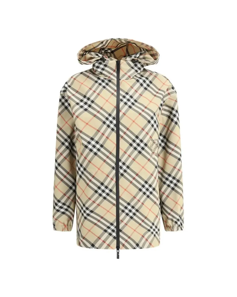 High Collar Jacket with Adjustable Drawstring Hood and Archive Check