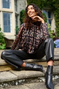 High Neck Abstract Cuff Sleeve Blouse
