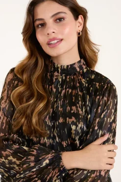 High Neck Abstract Cuff Sleeve Blouse