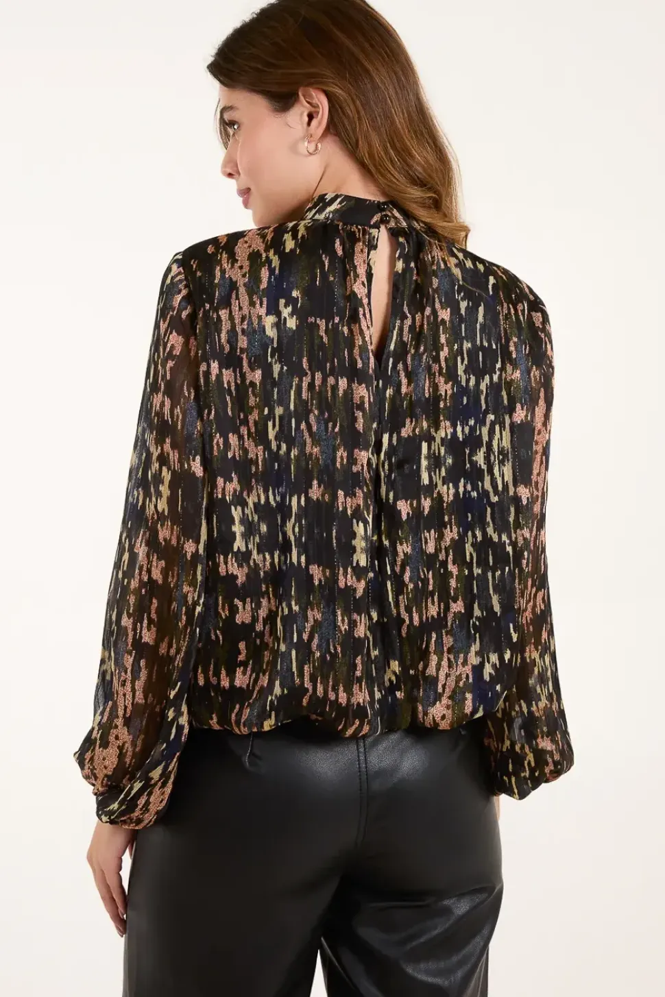 High Neck Abstract Cuff Sleeve Blouse