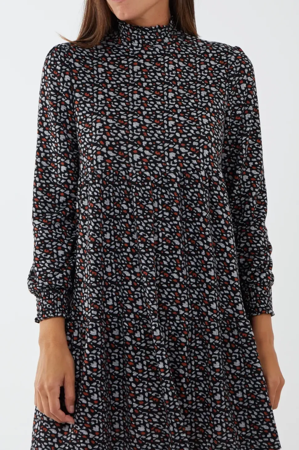 High Neck Abstract Print Smock Dress