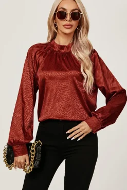 High Neck Back Cut Detail Satin Blouse Top