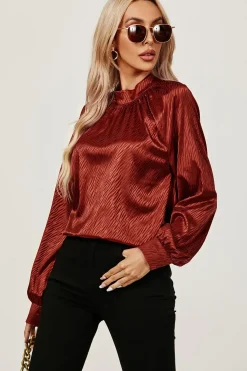 High Neck Back Cut Detail Satin Blouse Top