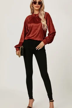 High Neck Back Cut Detail Satin Blouse Top