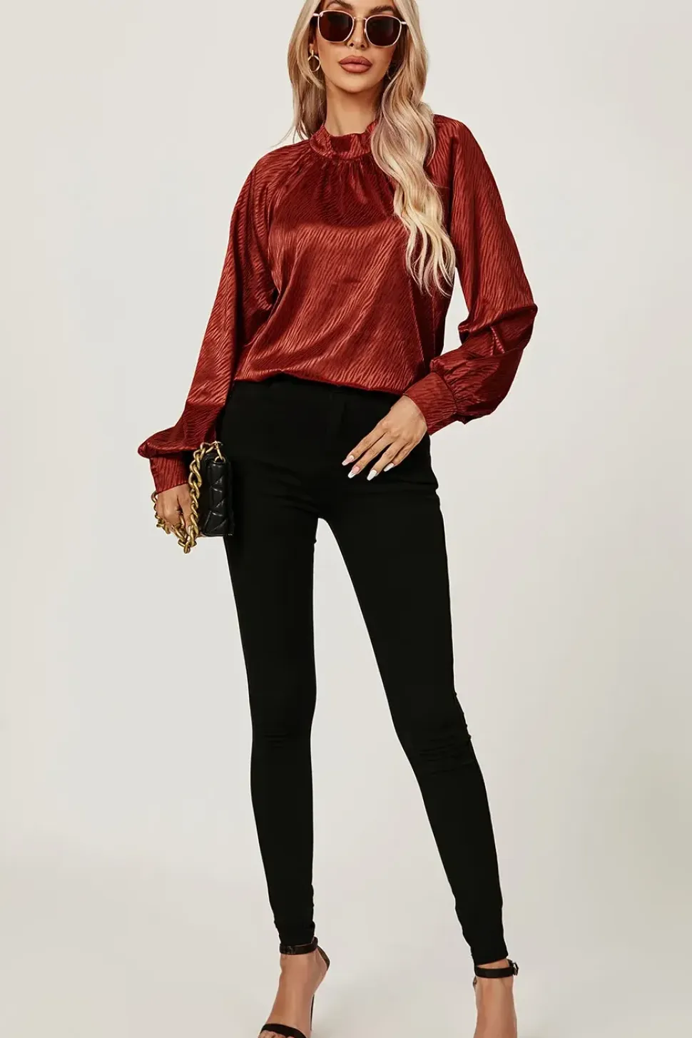 High Neck Back Cut Detail Satin Blouse Top