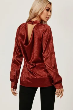 High Neck Back Cut Detail Satin Blouse Top