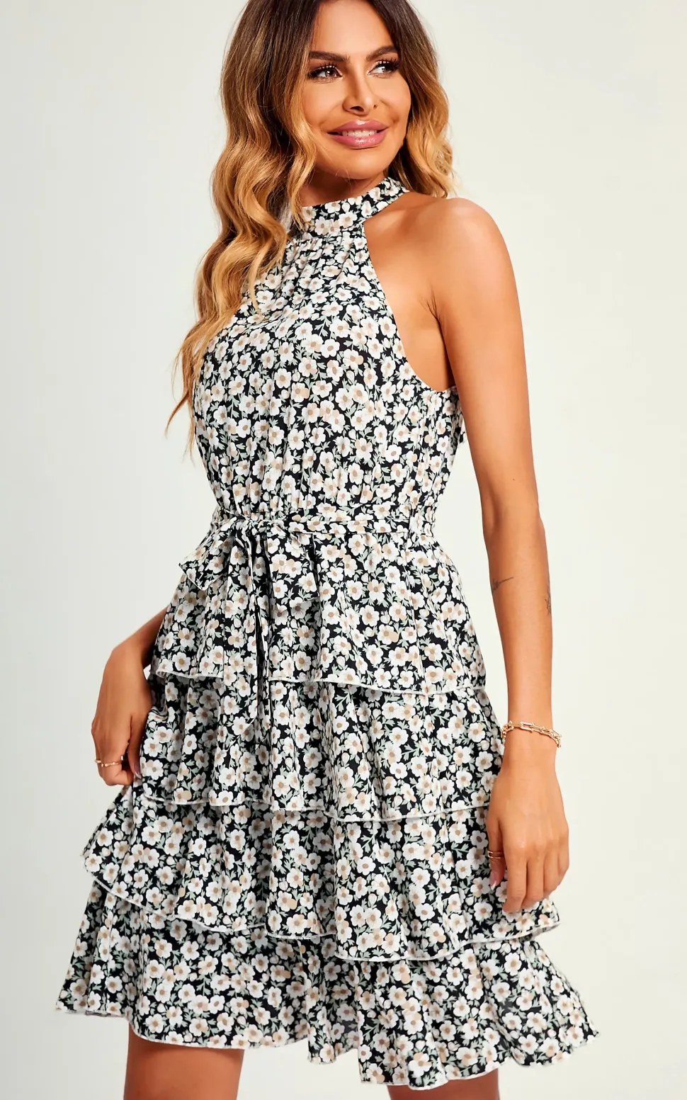 High Neck Back Detail Cold Shoulder Ruffle Mini Dress In Black Flora Print