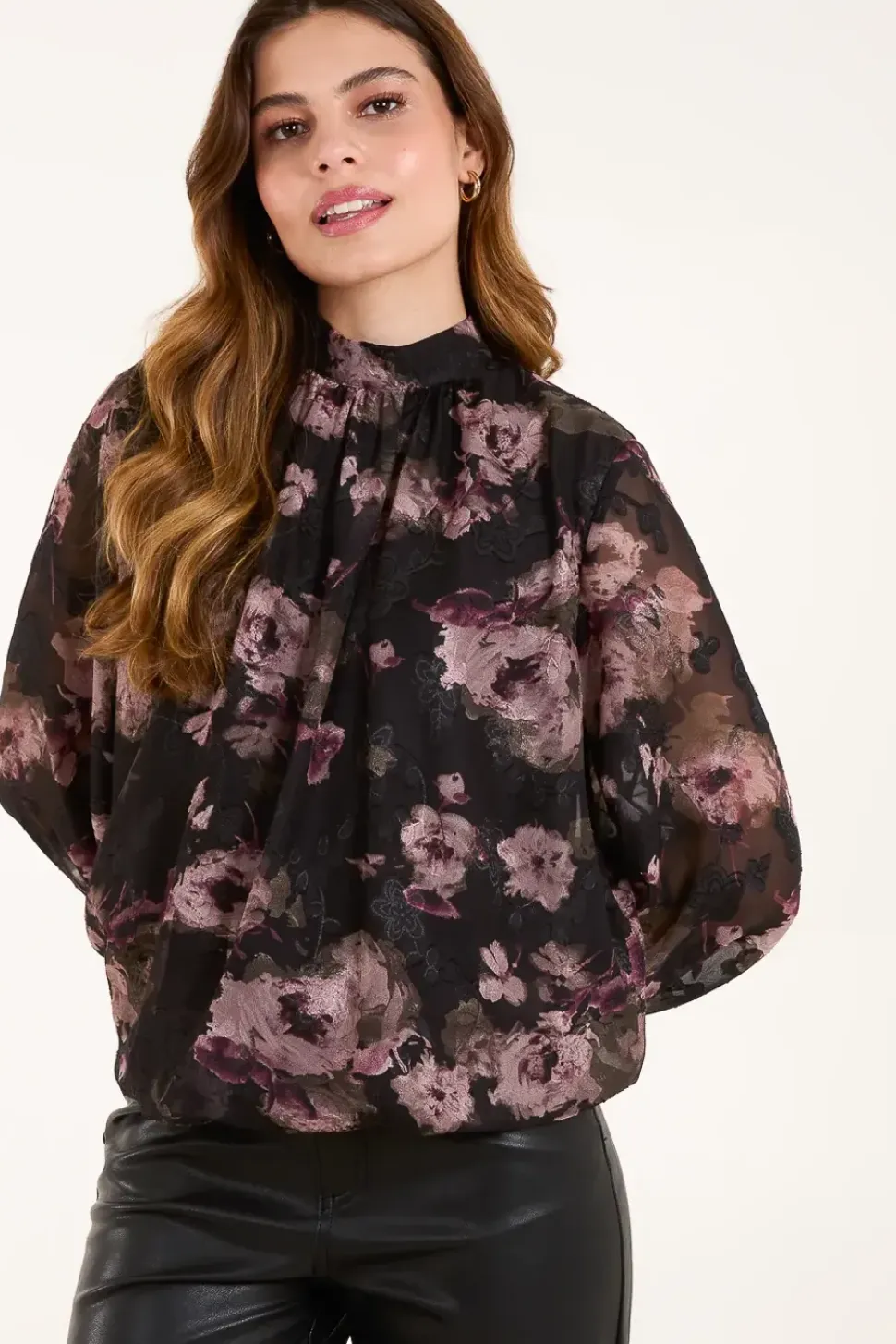 High Neck Bubble Hem Floral Blouse