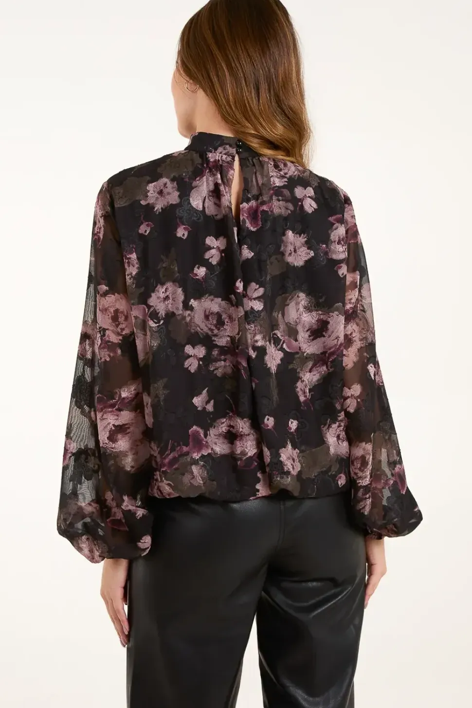 High Neck Bubble Hem Floral Blouse