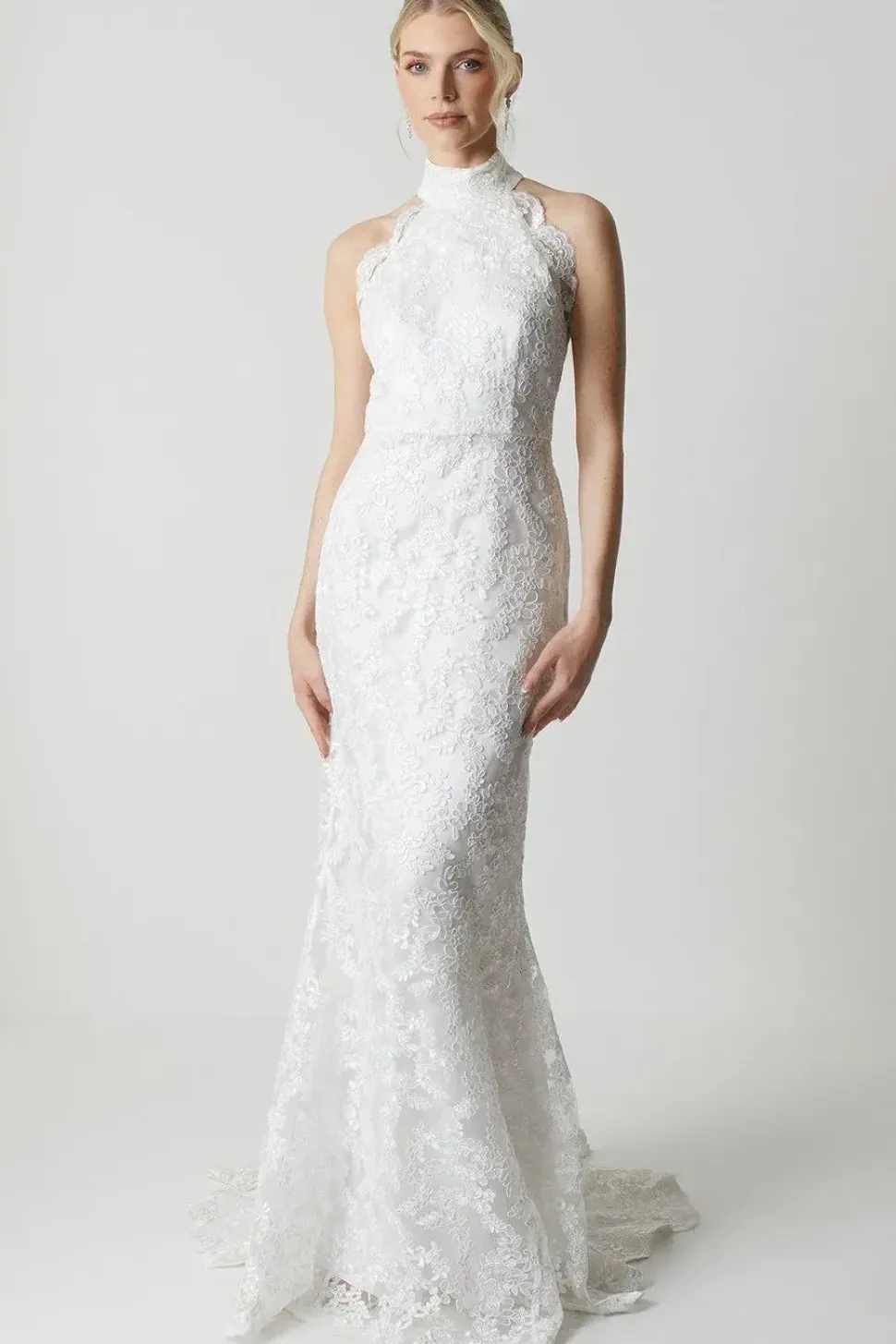 High Neck Embroidered Mesh Wedding Dress With Train