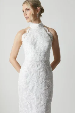 High Neck Embroidered Mesh Wedding Dress With Train