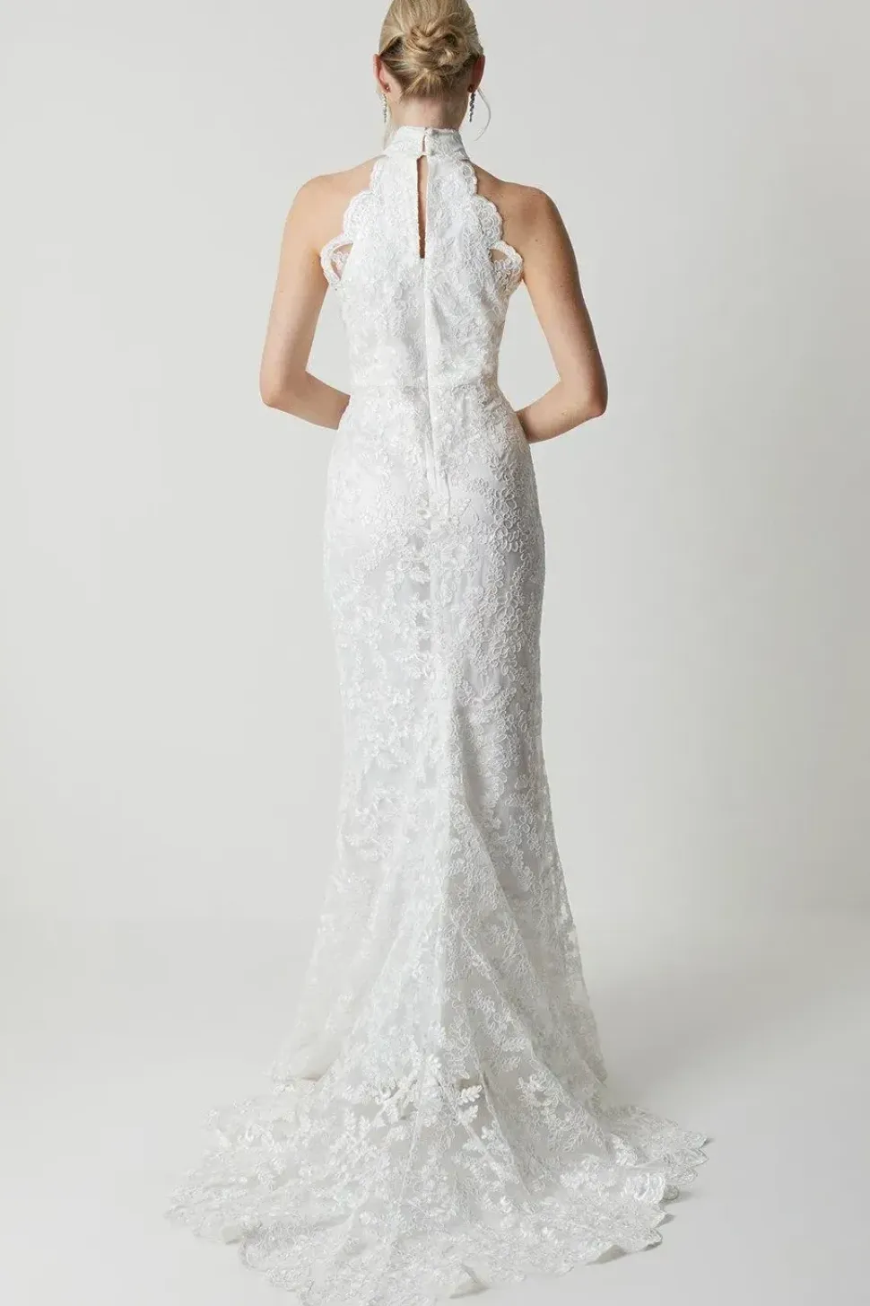 High Neck Embroidered Mesh Wedding Dress With Train