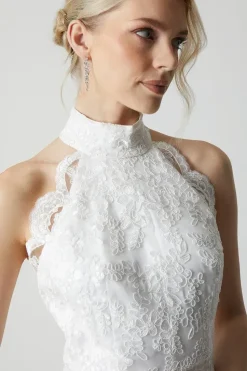 High Neck Embroidered Mesh Wedding Dress With Train