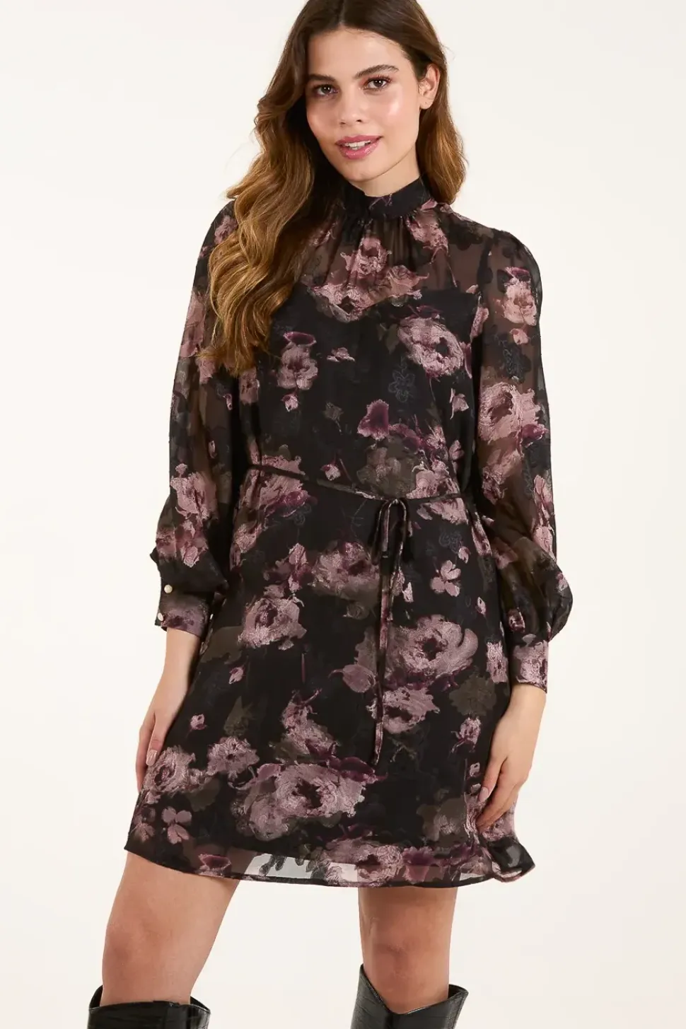 High Neck Floral Dress With Tie