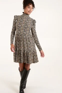 High Neck Frill Shoulder Smock Dress