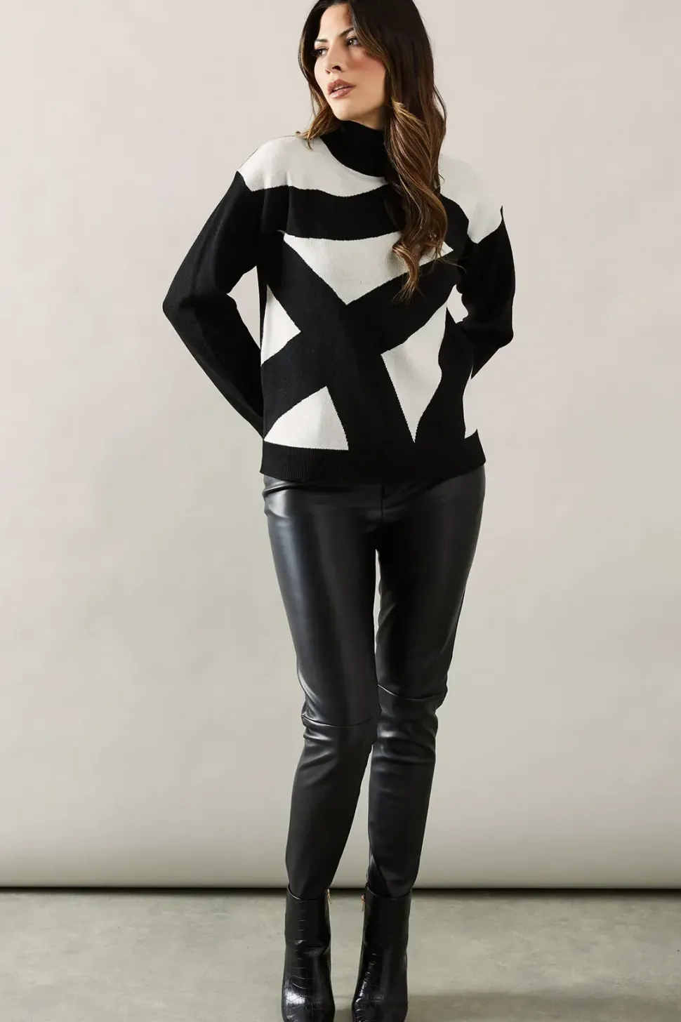 High Neck Front Detail Rib Sleeve Jumper