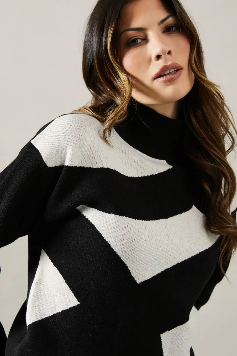 High Neck Front Detail Rib Sleeve Jumper