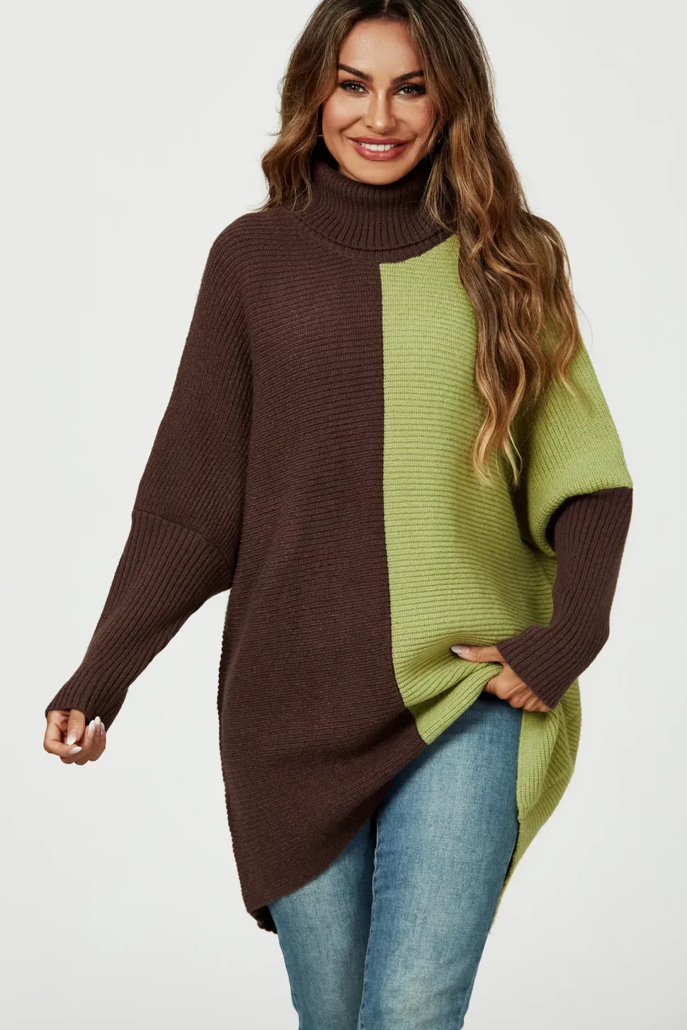 High Neck Half Brown & Green Block Color Jumper Top