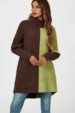 High Neck Half Brown & Green Block Color Jumper Top