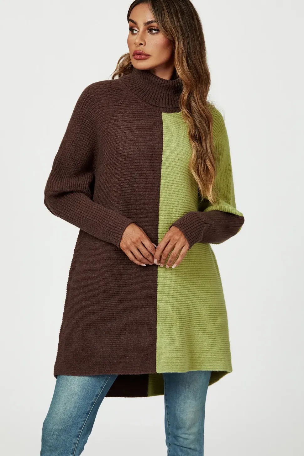 High Neck Half Brown & Green Block Color Jumper Top