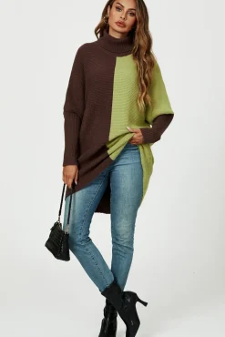 High Neck Half Brown & Green Block Color Jumper Top