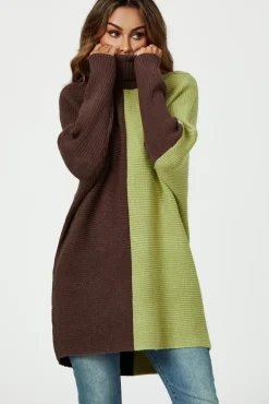 High Neck Half Brown & Green Block Color Jumper Top