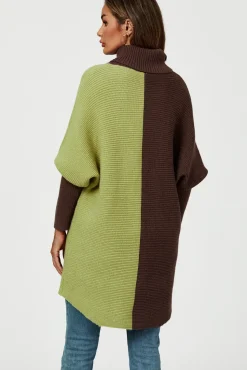 High Neck Half Brown & Green Block Color Jumper Top