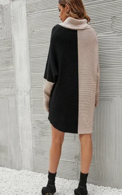 High Neck Half Forest Beige & Black Block Colour Jumper Top