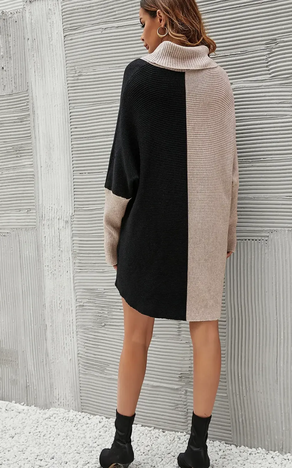 High Neck Half Forest Beige & Black Block Colour Jumper Top