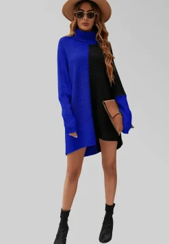 High Neck Half Forest Blue & Black Block Colour Jumper Top