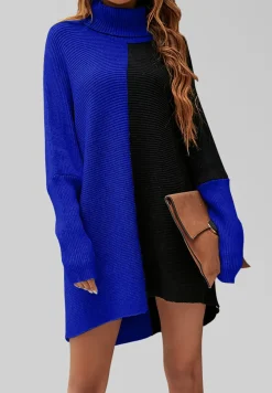 High Neck Half Forest Blue & Black Block Colour Jumper Top