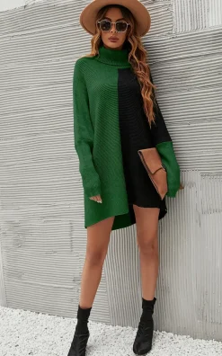 High Neck Half Forest Green & Black Block Colour Jumper Top