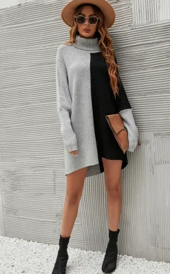 High Neck Half Grey & Black Block Colour Jumper Top