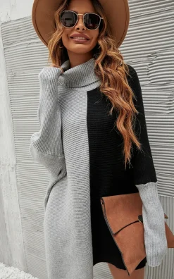High Neck Half Grey & Black Block Colour Jumper Top