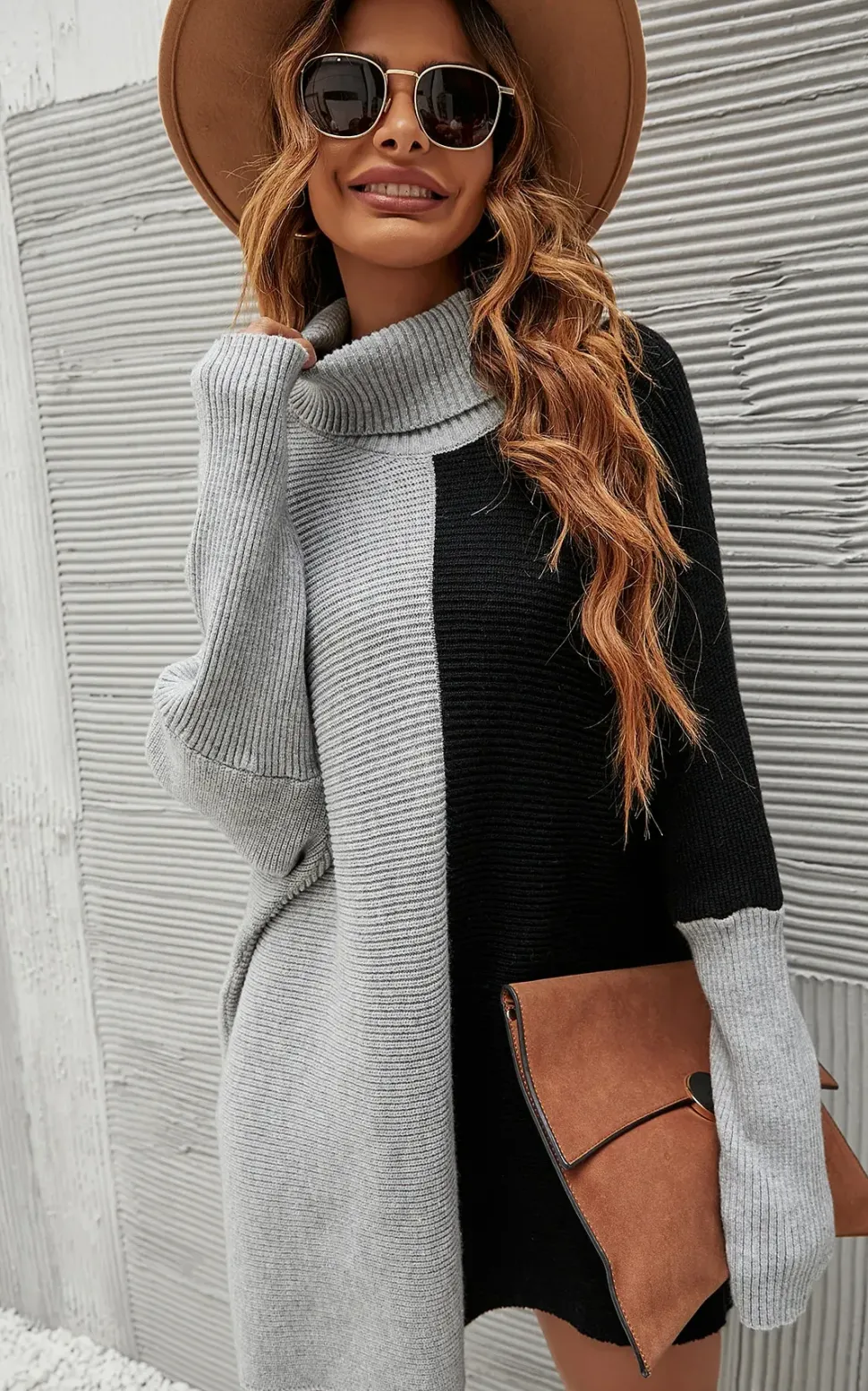High Neck Half Grey & Black Block Colour Jumper Top