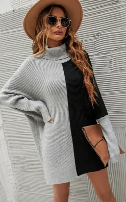 High Neck Half Grey & Black Block Colour Jumper Top