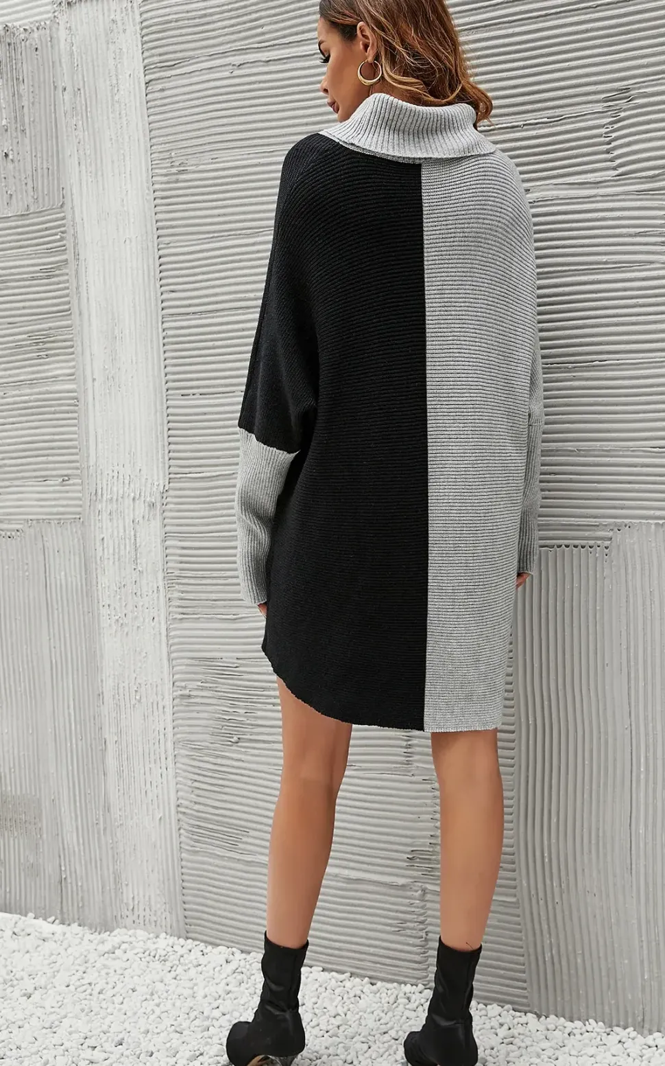 High Neck Half Grey & Black Block Colour Jumper Top